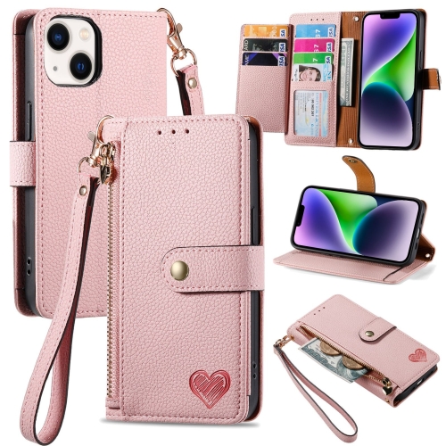 

For iPhone 14 Love Zipper Lanyard Leather Phone Case(Pink)