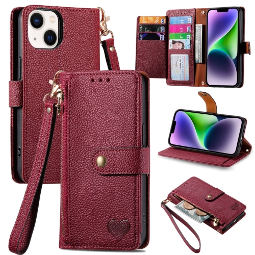 

For iPhone 14 Plus Love Zipper Lanyard Leather Phone Case(Red)