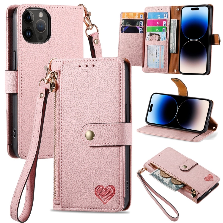 

For iPhone 14 Pro Max Love Zipper Lanyard Leather Phone Case(Pink)