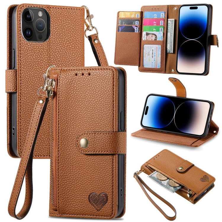 

For iPhone 14 Pro Max Love Zipper Lanyard Leather Phone Case(Brown)