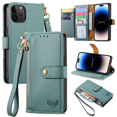 

For iPhone 14 Pro Max Love Zipper Lanyard Leather Phone Case(Green)