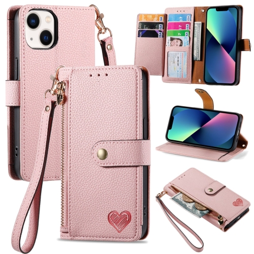 

For iPhone 13 mini Love Zipper Lanyard Leather Phone Case(Pink)