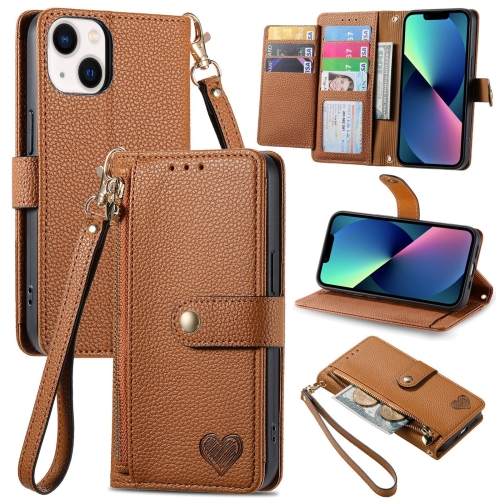 

For iPhone 13 mini Love Zipper Lanyard Leather Phone Case(Brown)