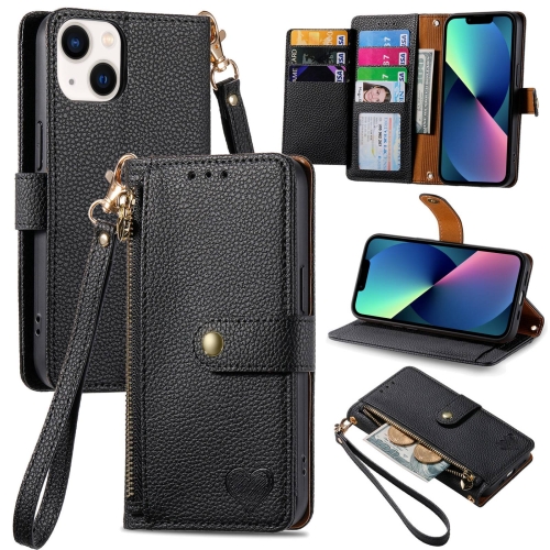 

For iPhone 13 mini Love Zipper Lanyard Leather Phone Case(Black)