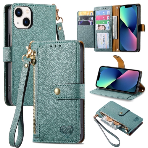 

For iPhone 13 mini Love Zipper Lanyard Leather Phone Case(Green)