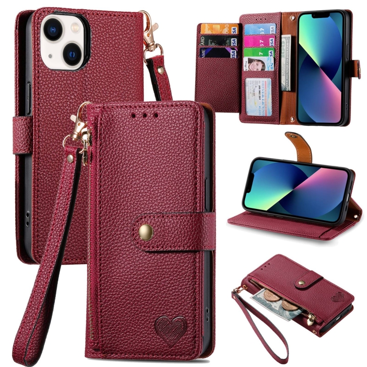 

For iPhone 13 mini Love Zipper Lanyard Leather Phone Case(Red)