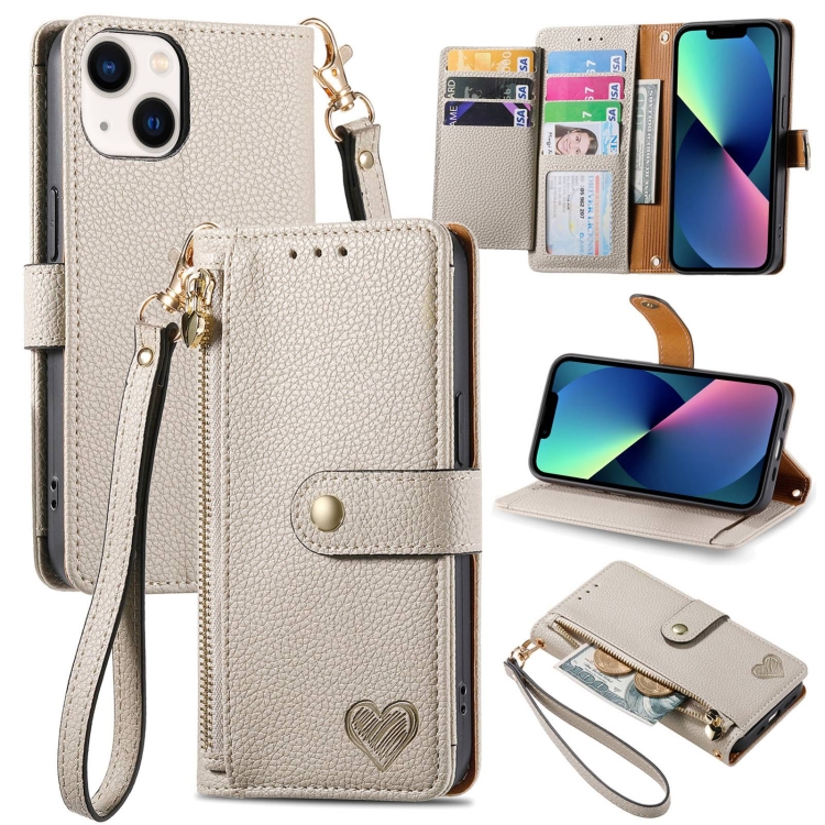 

For iPhone 13 mini Love Zipper Lanyard Leather Phone Case(Gray)