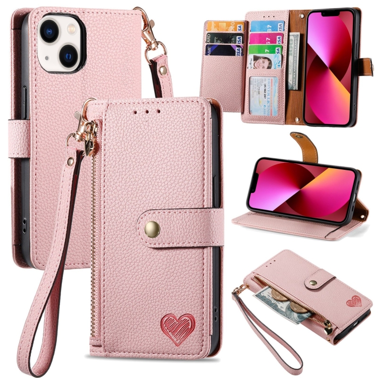 

For iPhone 13 Love Zipper Lanyard Leather Phone Case(Pink)
