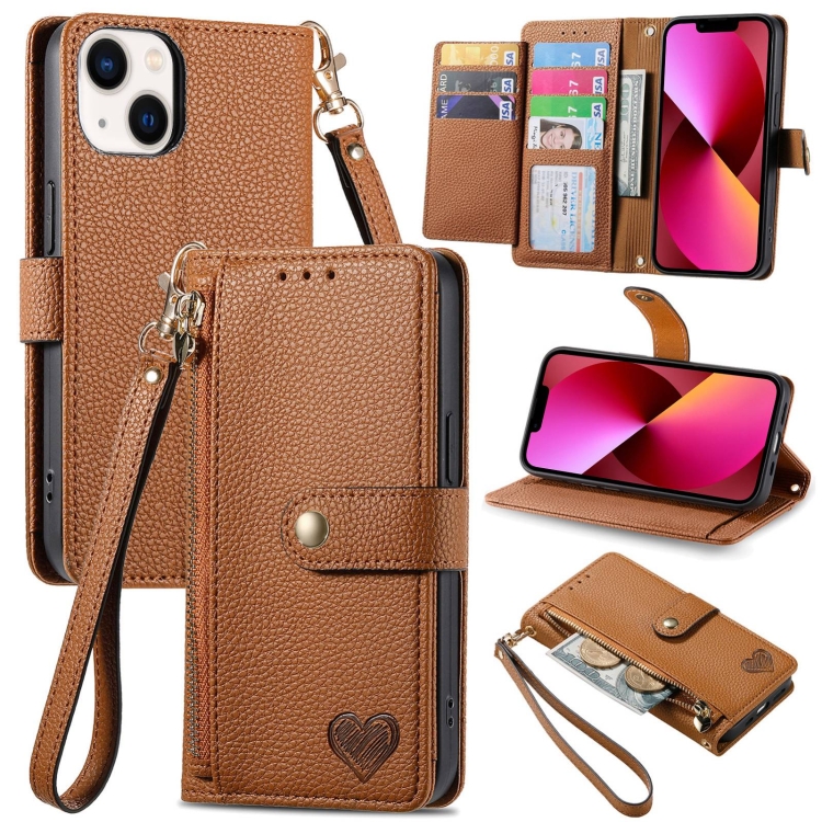 

For iPhone 13 Love Zipper Lanyard Leather Phone Case(Brown)