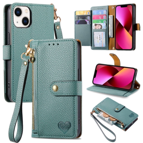 

For iPhone 13 Love Zipper Lanyard Leather Phone Case(Green)