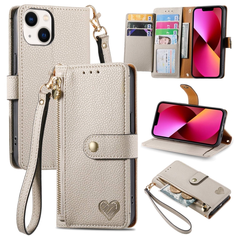 

For iPhone 13 Love Zipper Lanyard Leather Phone Case(Gray)