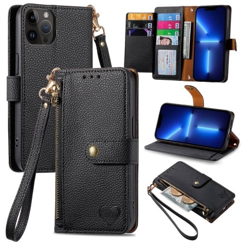 

For iPhone 13 Pro Love Zipper Lanyard Leather Phone Case(Black)