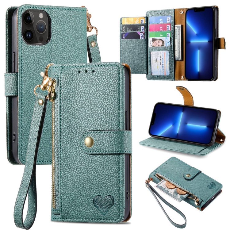 

For iPhone 13 Pro Love Zipper Lanyard Leather Phone Case(Green)