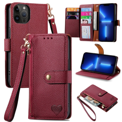 

For iPhone 13 Pro Love Zipper Lanyard Leather Phone Case(Red)