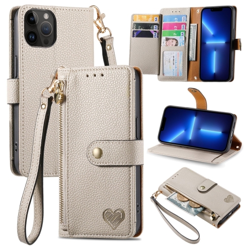 

For iPhone 13 Pro Love Zipper Lanyard Leather Phone Case(Gray)