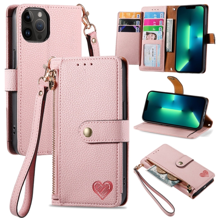 

For iPhone 13 Pro Max Love Zipper Lanyard Leather Phone Case(Pink)