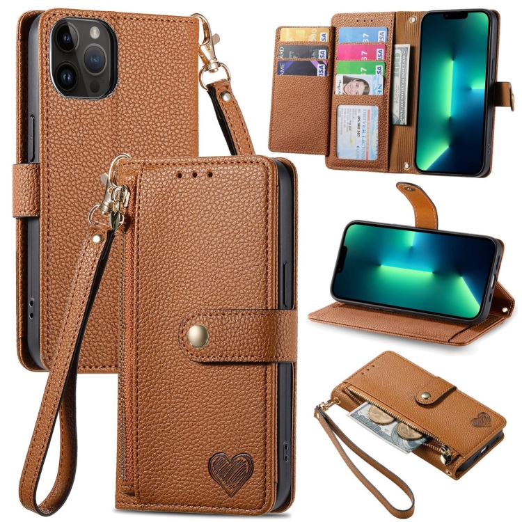 

For iPhone 13 Pro Max Love Zipper Lanyard Leather Phone Case(Brown)