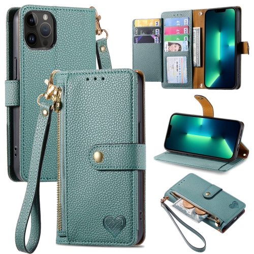 

For iPhone 13 Pro Max Love Zipper Lanyard Leather Phone Case(Green)