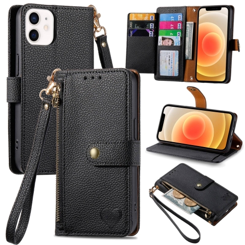 

For iPhone 12 mini Love Zipper Lanyard Leather Phone Case(Black)