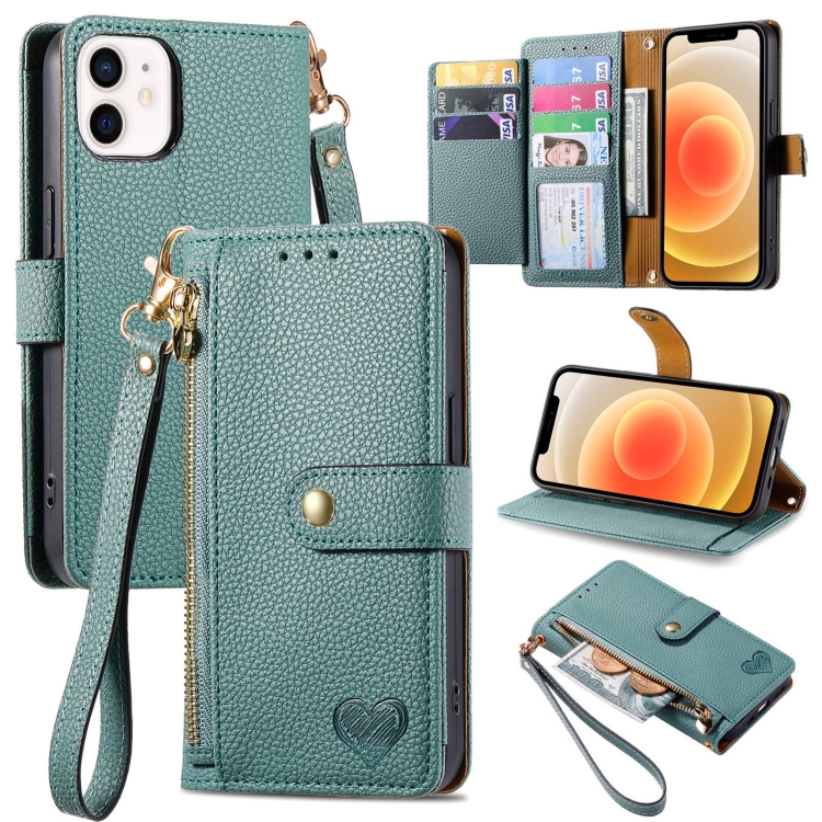 

For iPhone 12 mini Love Zipper Lanyard Leather Phone Case(Green)