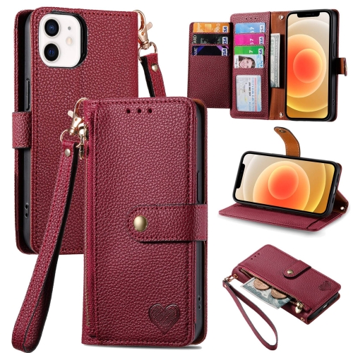 

For iPhone 12 mini Love Zipper Lanyard Leather Phone Case(Red)
