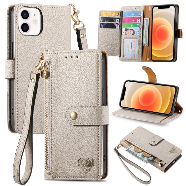 

For iPhone 12 mini Love Zipper Lanyard Leather Phone Case(Gray)
