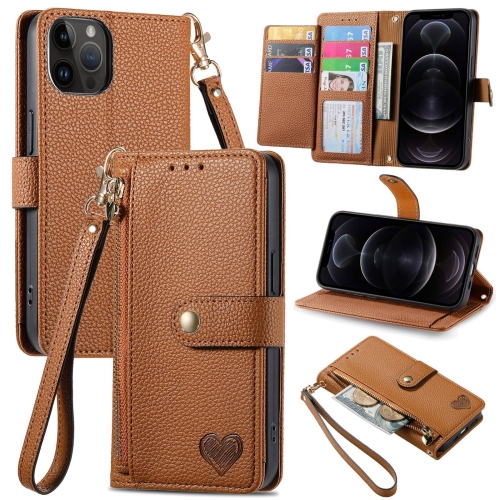 

For iPhone 12 / 12 Pro Love Zipper Lanyard Leather Phone Case(Brown)