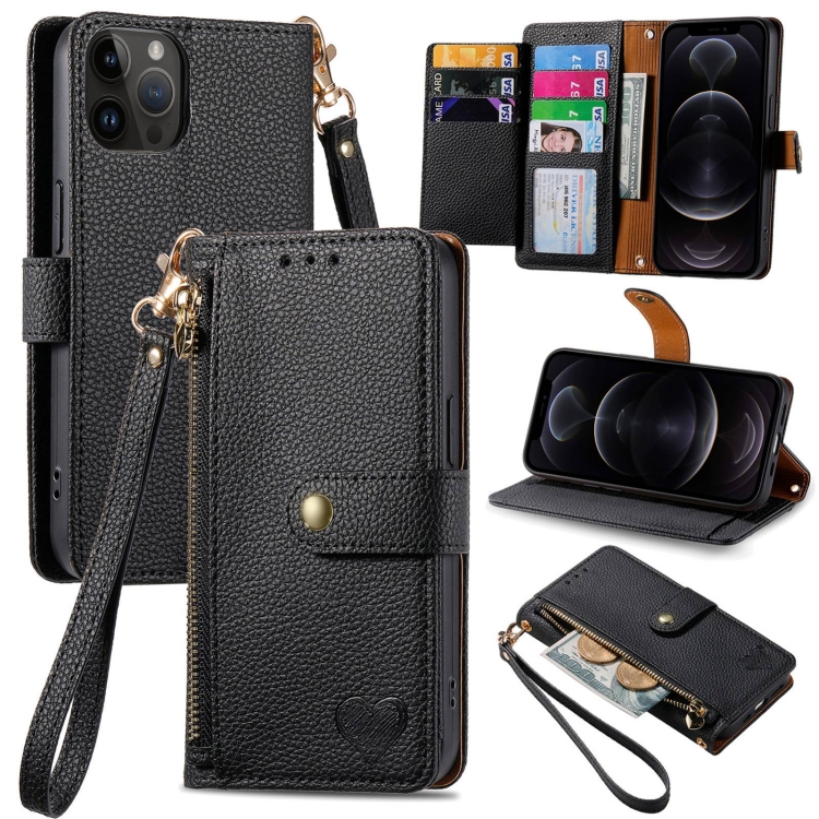 

For iPhone 12/12 Pro Love Zipper Lanyard Leather Phone Case(Black)