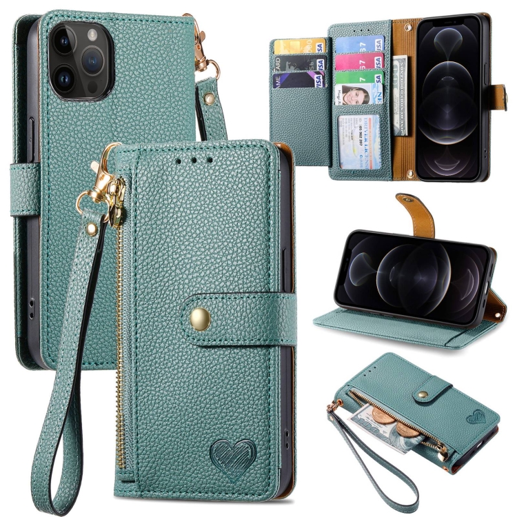 

For iPhone 12 / 12 Pro Love Zipper Lanyard Leather Phone Case(Green)