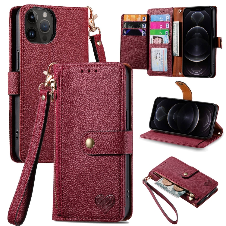

For iPhone 12/12 Pro Love Zipper Lanyard Leather Phone Case(Red)