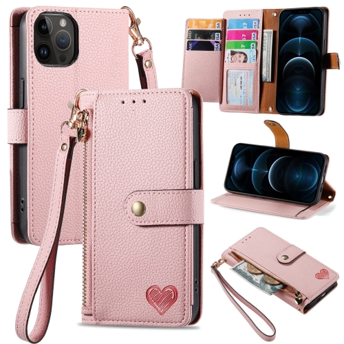 

For iPhone 12 Pro Max Love Zipper Lanyard Leather Phone Case(Pink)