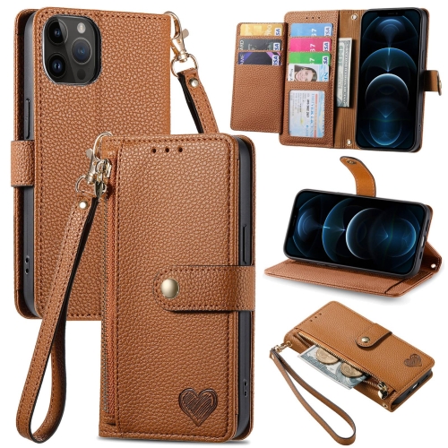 

For iPhone 12 Pro Max Love Zipper Lanyard Leather Phone Case(Brown)