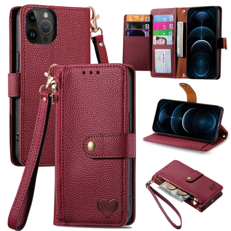 

For iPhone 12 Pro Max Love Zipper Lanyard Leather Phone Case(Red)