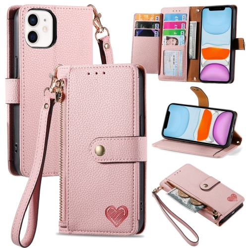

For iPhone 11 Love Zipper Lanyard Leather Phone Case(Pink)