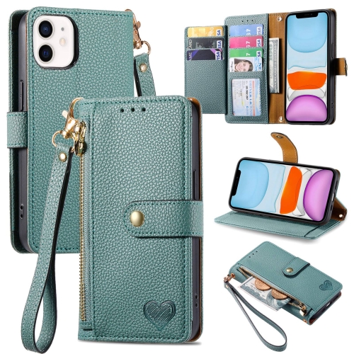 

For iPhone 11 Love Zipper Lanyard Leather Phone Case(Green)