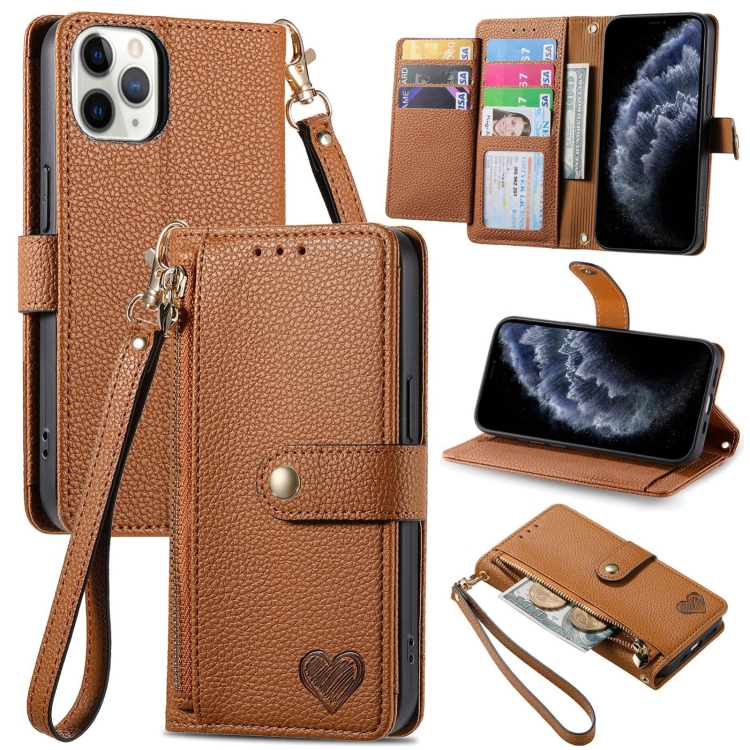 

For iPhone 11 Pro Love Zipper Lanyard Leather Phone Case(Brown)