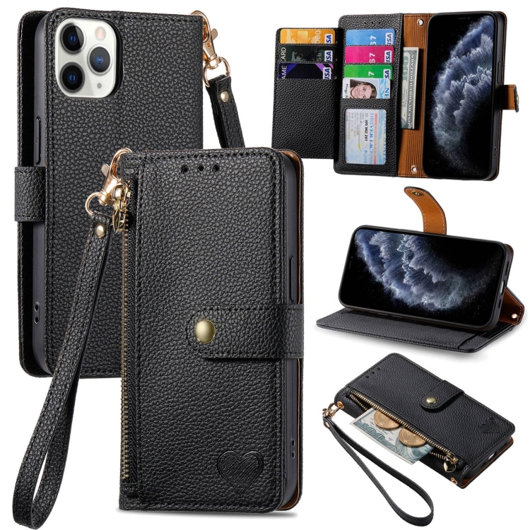 

For iPhone 11 Pro Love Zipper Lanyard Leather Phone Case(Black)