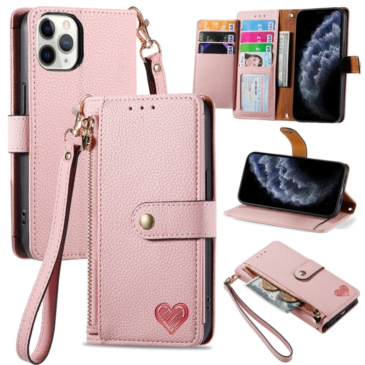 

For iPhone 11 Pro Max Love Zipper Lanyard Leather Phone Case(Pink)