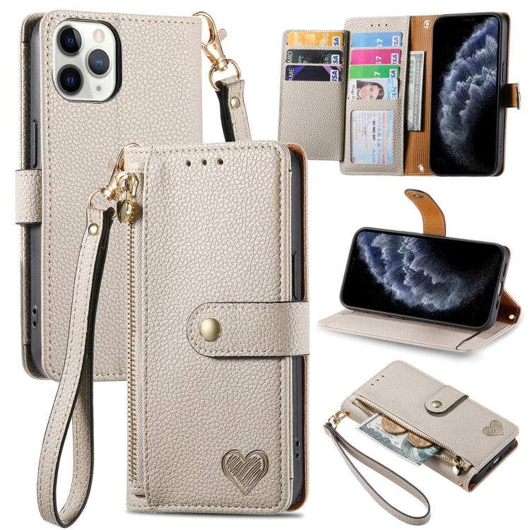 

For iPhone 11 Pro Max Love Zipper Lanyard Leather Phone Case(Gray)