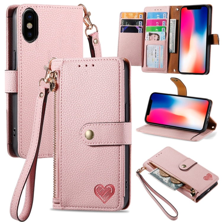 

For iPhone X / XS Love Zipper Lanyard Leather Phone Case(Pink)
