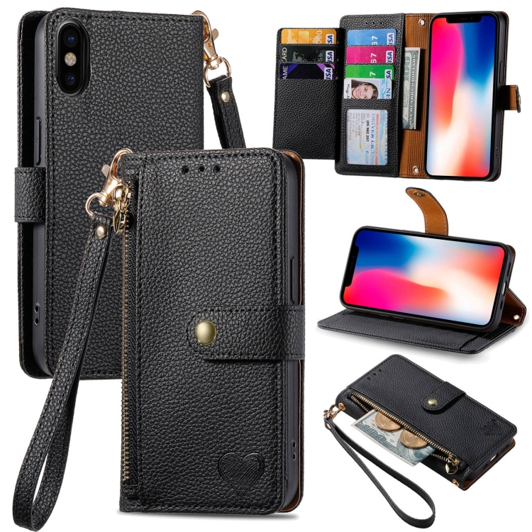 

For iPhone X / XS Love Zipper Lanyard Leather Phone Case(Black)