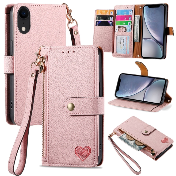 

For iPhone XR Love Zipper Lanyard Leather Phone Case(Pink)