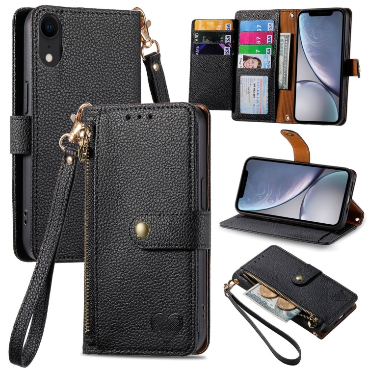 

For iPhone XR Love Zipper Lanyard Leather Phone Case(Black)