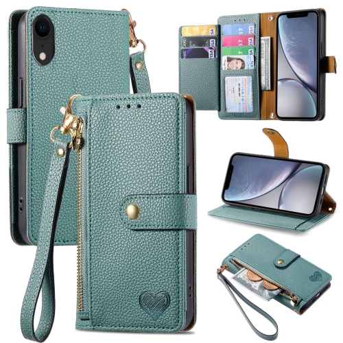 

For iPhone XR Love Zipper Lanyard Leather Phone Case(Green)