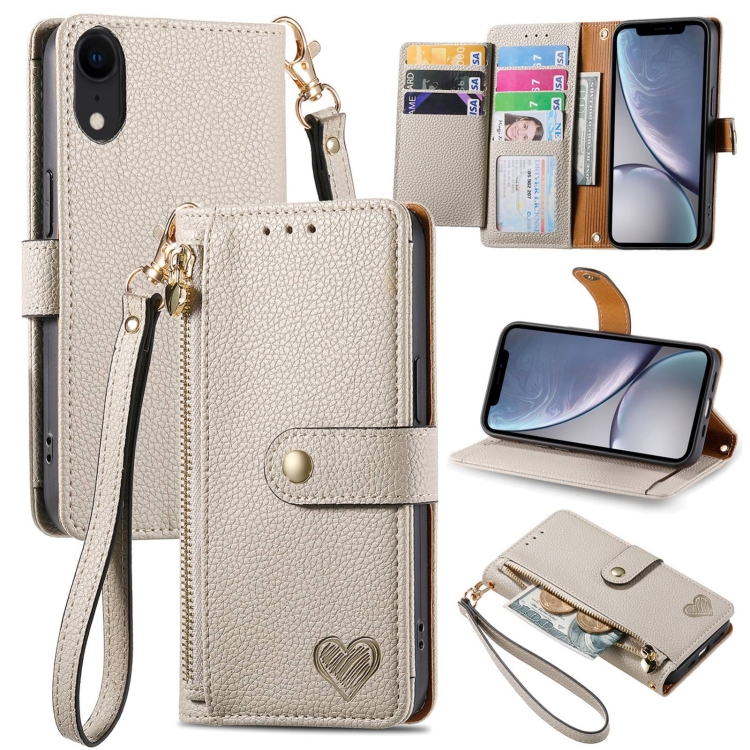 

For iPhone XR Love Zipper Lanyard Leather Phone Case(Gray)