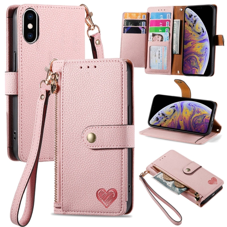 

For iPhone XS Max Love Zipper Lanyard Leather Phone Case(Pink)