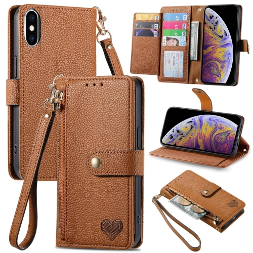 

For iPhone XS Max Love Zipper Lanyard Leather Phone Case(Brown)