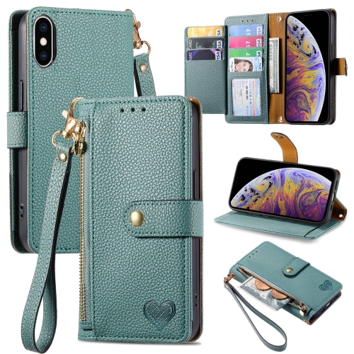 

For iPhone XS Max Love Zipper Lanyard Leather Phone Case(Green)