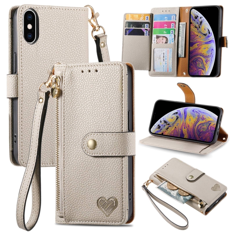

For iPhone XS Max Love Zipper Lanyard Leather Phone Case(Gray)
