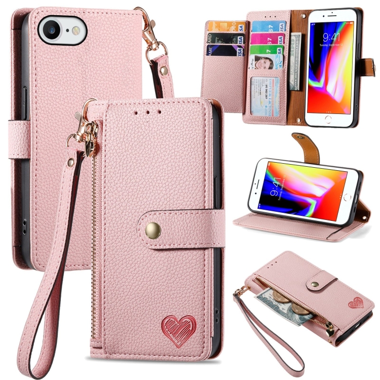 

For iPhone 7 / 8 / SE 2022 Love Zipper Lanyard Leather Phone Case(Pink)